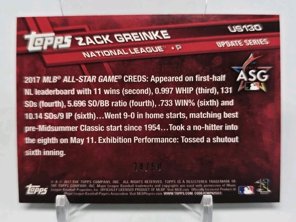 2017 Topps Update ZACK GREINKE All Star Father's Day Blue /50 Diamondbacks US130 - Image 3 of 4