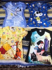 Peanuts SNOOPY Disney SNOW WHITE, POOH BEAR, TIGGER 4 Pcs Scrubs Tops Lot XS XXS