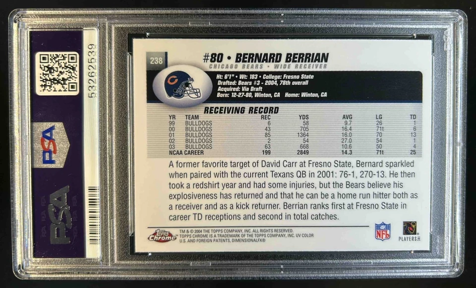 2004 Topps Chrome Bernard Berrian Rookie RC #238 Bears PSA 9 - Image 2 of 2