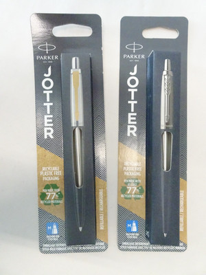 2 Parker Jotter Stainless Steel & SS/Gold Ballpoint Pens Blue Ink Medium - NEW
