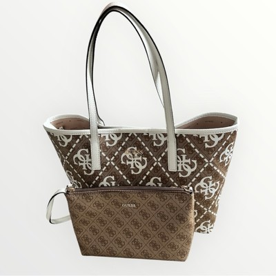 GUESS Vikky Tote Bag Brown Logo Monogram Shoulder Purse w/ Pouch