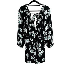 Topshop Black Daisy Floral Linen Long Sleeve V-Neck Short Romper 8/10 Medium NWT