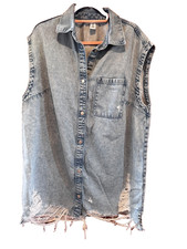  Denim Light Wash distressed jean dress M Sleeveless shirt dress button pocket