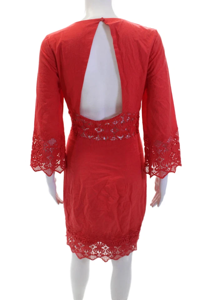 Vestido lápiz rojo con ribete de encaje de algodón cuello en V espalda abierta para mujer talla 2 Foto 3 de 4