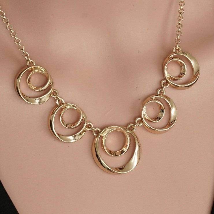 Gold Tone Double Circle Bib Statement Necklace Ad… - image 1