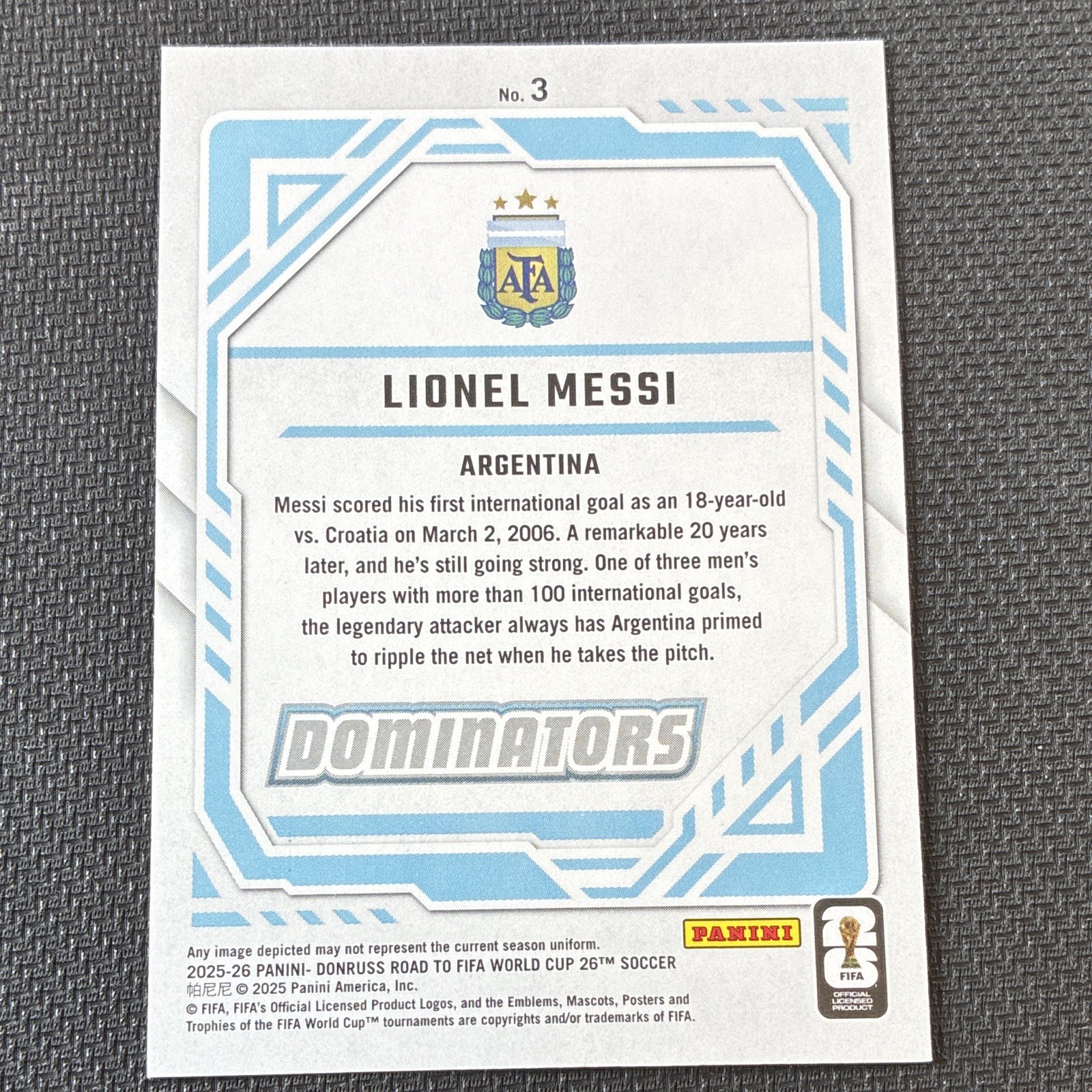 Panini 2025-26 Donruss Road to FIFA WC Dominators Messi Argentina #3 Blue /199 view 2