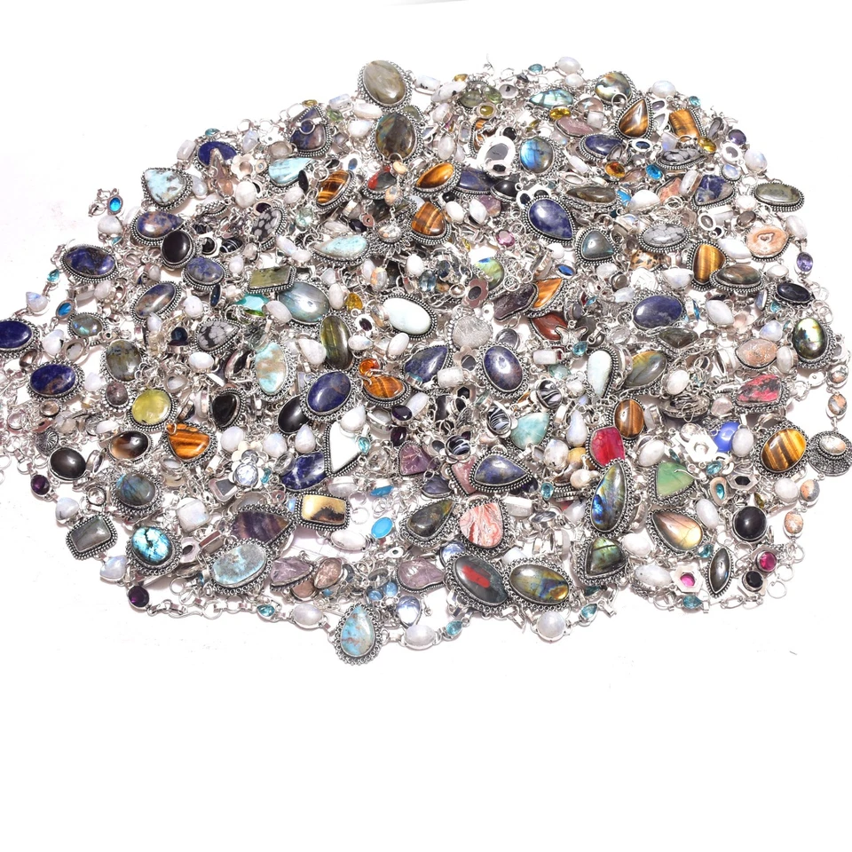 Mezcla de piedras preciosas 925 chapadas en plata de ley pulsera hecha a mano lote al por mayor joyas Foto 2 de 4