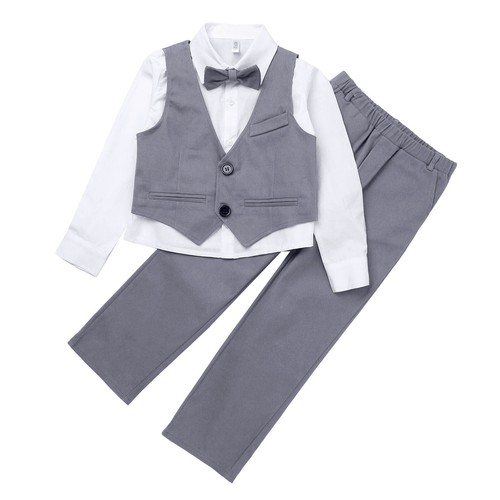 4Pcs Kids Boys Party Suits Long Sleeve Shirt Single-Breasted Vest Pants Tie Set - Picture 36 of 46