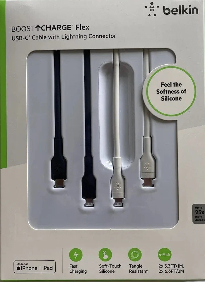 Belkin boost up CHARGE Flex Cable USB-C con Kit de Cable Conector Lightning Paquete de 4 Foto 4 de 4