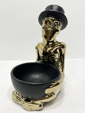 Transpac Halloween Black and Gold Top Hat Skeleton Ceramic Candy Dish 8" Tall