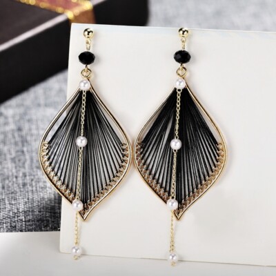 18K Yellow Gold Filled Simulated Pearl Agate Unique Design line Leaf Earrings