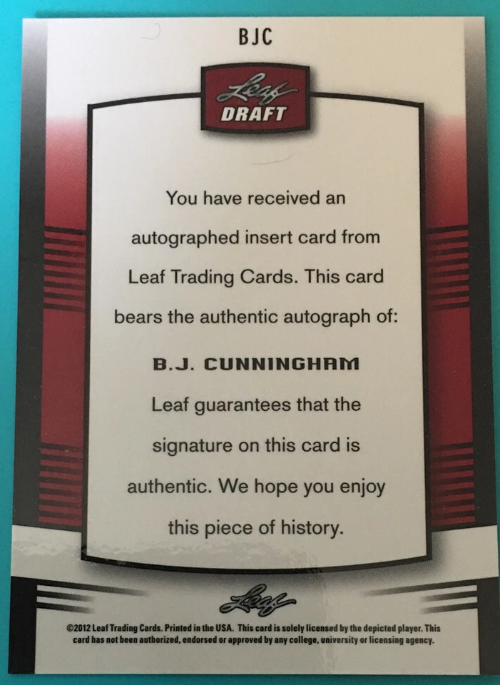 2012 Leaf Metal Draft Prismatic Silver B.J. Cunningham Spartans Auto Eagles - Image 2 of 2