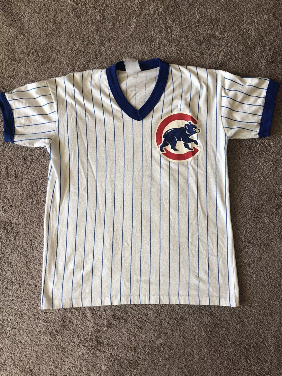 VTG 80s MLB Chicago Cubs Baseball Majestic Pinstripe Shirt Jersey Soft