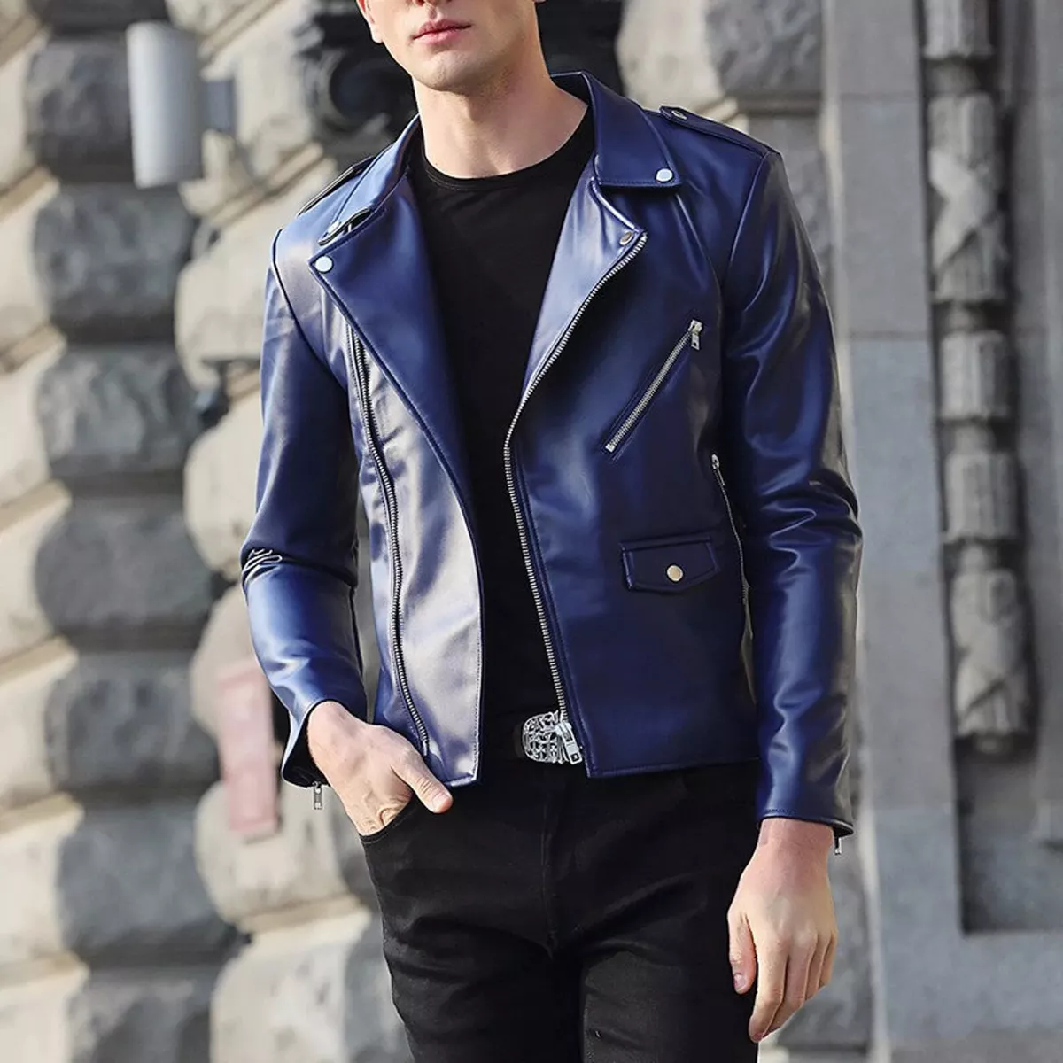 Navy leather biker clearance jacket
