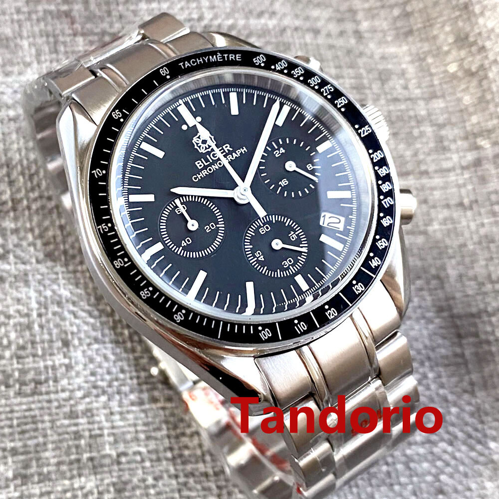 Bliger 40mm Quartz Full Functional Chronograph Watch Black Dial