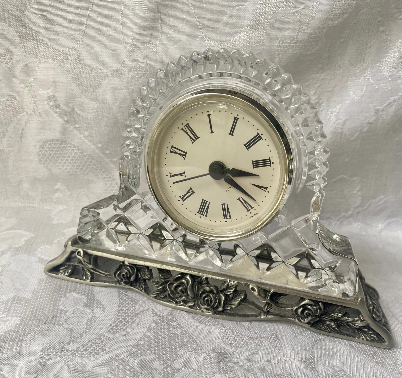 Vintage Clear Cut Glass Mantle Clock with Iron Rose Accents