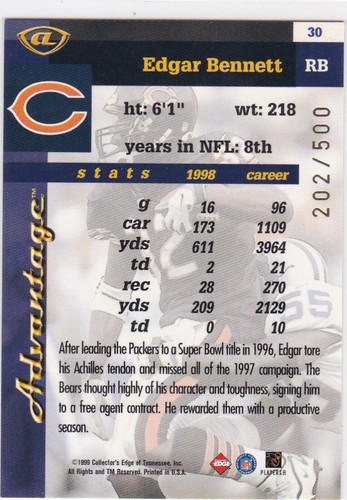 1999 Collector's Edge Advantage Galvanized #202/500 Edgar Bennett #30 - Picture 2 of 2
