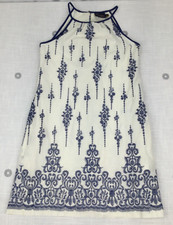 Just Taylor Blue & Ivory Embroidered Lined Cotton Shift Dress Womens Sz 2