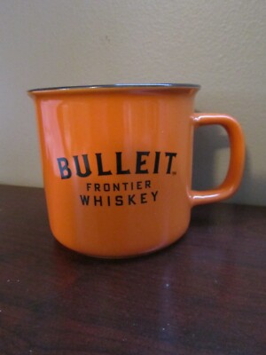 BULLEIT FRONTIER WHISKEY CERAMIC BOURBON CAMPFIRE STYLE ORANGE MUG UNUSED