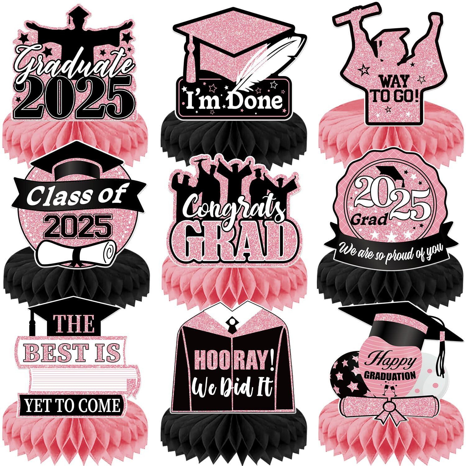 Pink Graduation Decorations Class of 2025 Honeycomb Centerpiece Set of 9 Double Sided