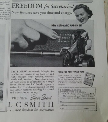 1940 LC Smith & Corona  portable typewriter automatic margin set vintage ad