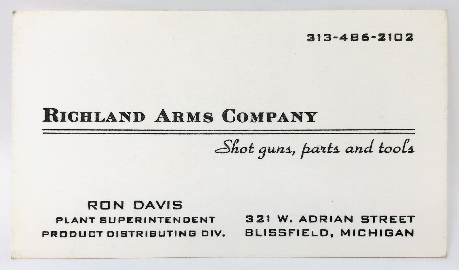 Vtg 1940s Gun Store Gunsmith Business Card Richland Arms Co Blissfield