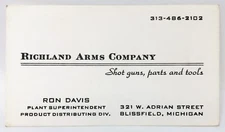 Vtg 1940s Gun Store Gunsmith Business Card Richland Arms Co Blissfield Mi M23