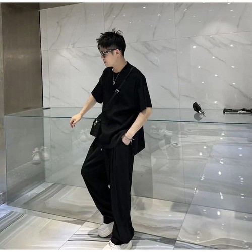Ice Silk Short-sleeved T-shirts Trousers Suit Men's Summer Loose Two Piece Suit - Picture 12 of 20