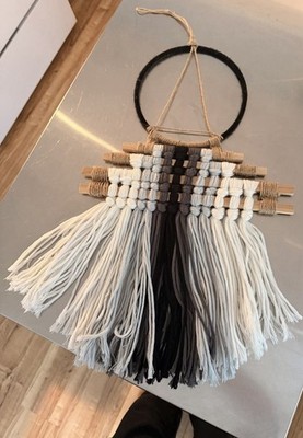 Handmade Macrame Wall Hanging Fiber Art Fringe Decor w/ Black Ring & Tassels