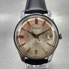 Tugaris Watch Men 35mm Silver Dial Silver Tone Date Round Manual Wind Runs VTG