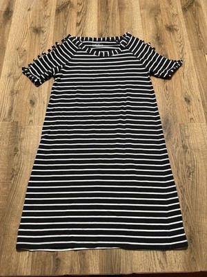 August Silk Dress, Women's Small, White Black Striped Short Sleeve Shift Dress