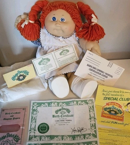 1985 Cabbage Patch Kid Carlynne Verna Red Yarn Hair Blue Eyes 1982 Coleco W/ BC