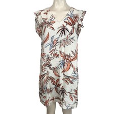 TAHARI - WOMEN'S SMALL - WHITE FLORAL SHORT CAP SLEEVES 100% LINEN DRESS