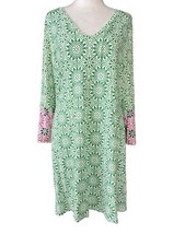 Boden Women’s Size 12 Green Geometric Print V-Neck Long Sleeve Jersey Shift Dres