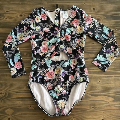 Girls' Art Class One-Piece Swimsuit XL (14 Plus) Black Floral Long Sleeve Cutout