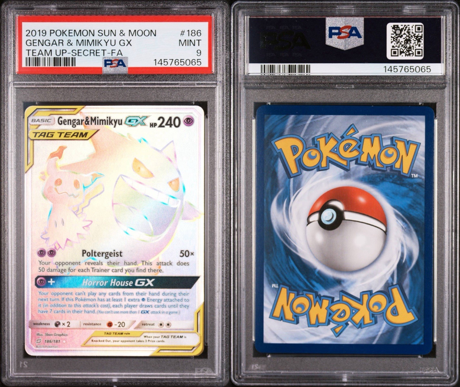 2019 POKEMON SUN & MOON TEAM UP SECRET #186 FULL ART/GENGAR & MIMIKYU GX PSA 9