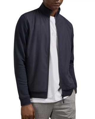 TED BAKER Navy Dandye Mixed-Media Terry Knit Full Zip Front Jacket 2 = Small EUC