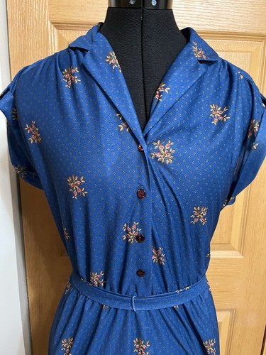Vintage 80s Blue Floral Belted Shirt Dress Sz 10 Midi Cap Sleeve Cottagecore - Picture 3 of 12