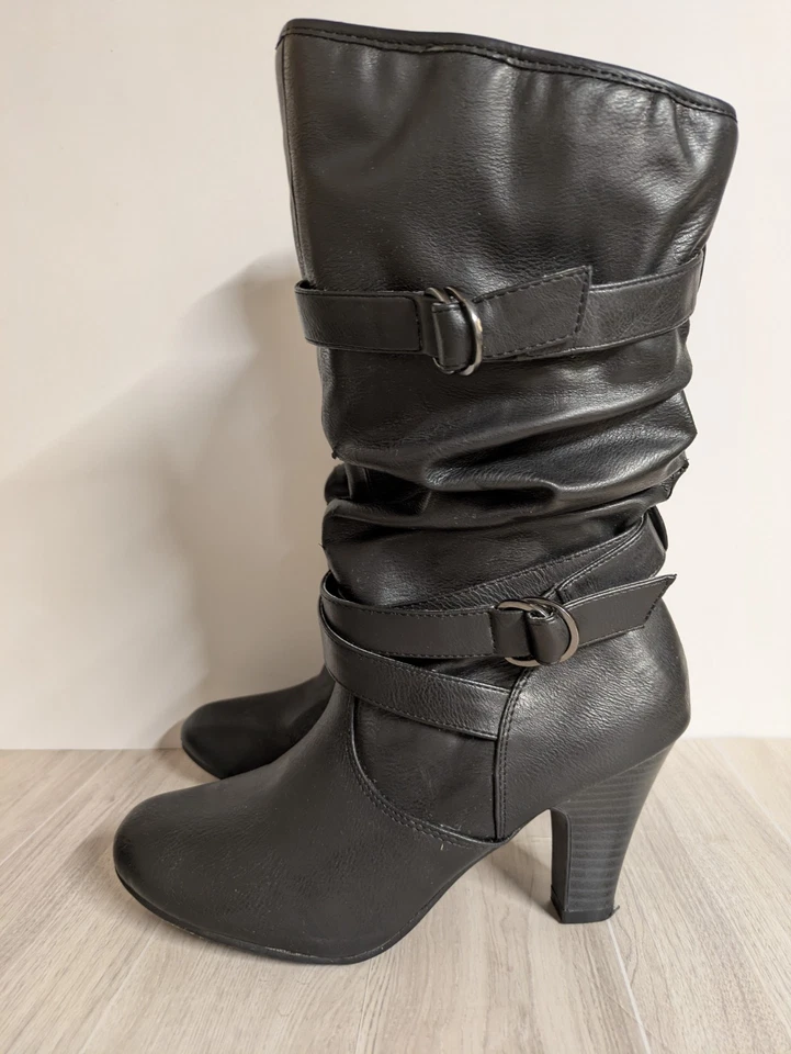 Y2K Faded Glory Women's Size 8 Slouchy Buckles Straps Black Vegan Leather - Image 2 of 4