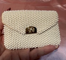 VTG Petite Bead Cream Beaded Bag, 1950s-1960s, Gold Tone Clasp/Bow Design