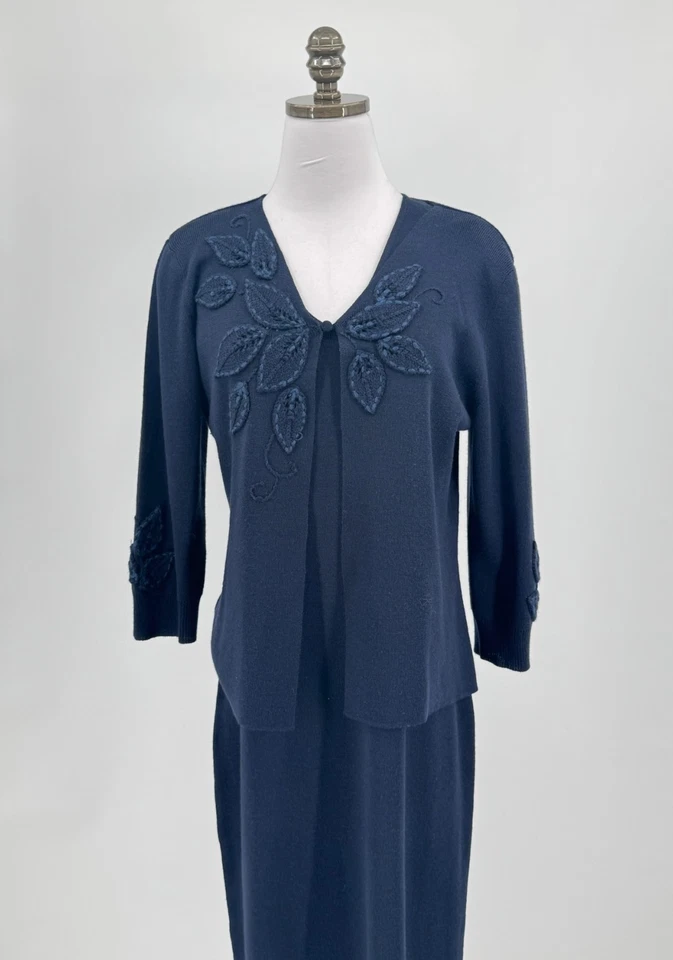 Maxi Vestido Adrianna Papell Azul Mezcla Lana con Detalle de Crochet Conjunto Suéter Talla L Foto 2 de 4