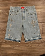 Y2K Gothic Diamond Cross Embroidery Denim Shorts American Retro Blue Gym Shorts