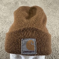 Carhartt Hat Beanie Cuffed Knit Youth One Size Brown Logo Patch Made USA