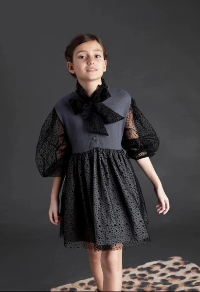 TOCOTO VINTAGE GREY BLACK STARS TULLE VELVET PARTY DRESS LONG SLEEVES BOW 12 - Image 2 of 4
