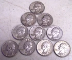 Washington Silver Quarters Lot of 10 Circulated 25C US Coins 90% Silver