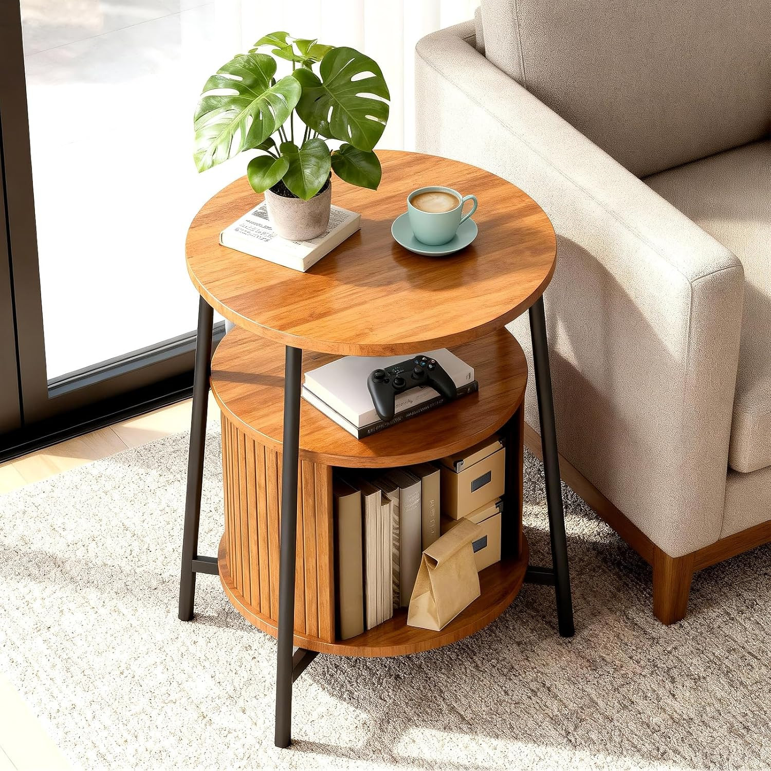 Mid-Century Modern Side Table with Storage & Charging Station, Yellow Walnut