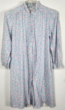Vtg. Miss Elaine Medium Blue Pink Floral Knee Length Robe LS Snap Front Pockets