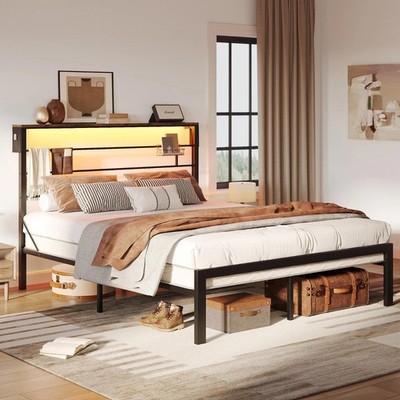 LED Full Size Metal Platform Bed With Storage Headboard Shelf Remote No Box Spri
