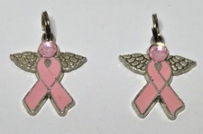 Lot of 2 Pink Ribbon Breast Cancer Awareness Pendant/Charm Metal Enamel USED