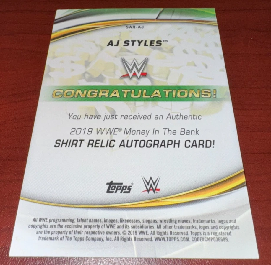 WWE AJ STYLES 2019 Topps WWE Money In The Bank Autograph Relic 08/50 SAR-AJ Auto - Image 3 of 3
